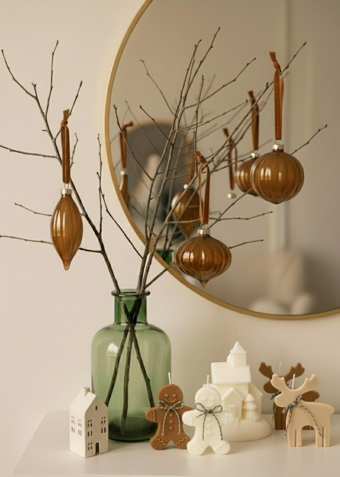 TRULY LIFESTYLE SET OF THREE COPPER GLASS BAUBLES HANGING ON A BRANCH IN A GREEN VASE