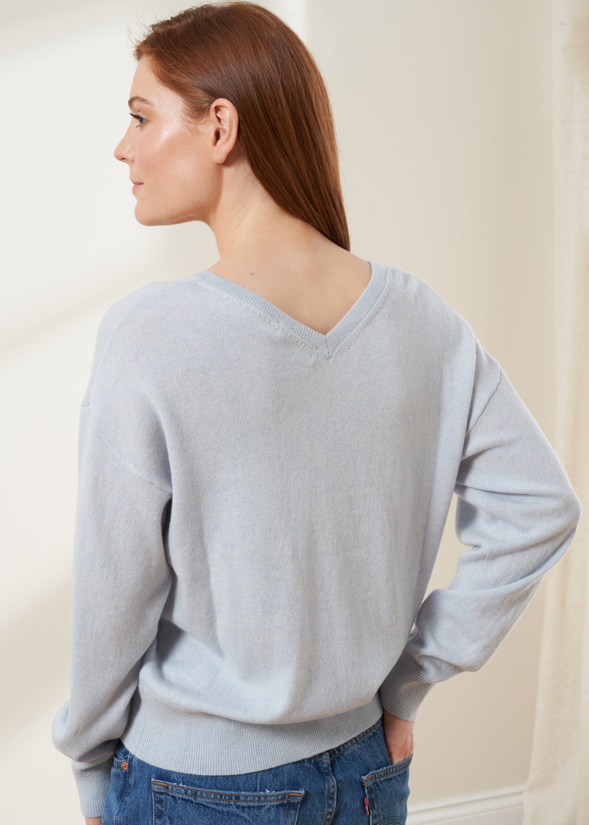Merino and Cashmere Wool Baby Blue V-Neck Jumper