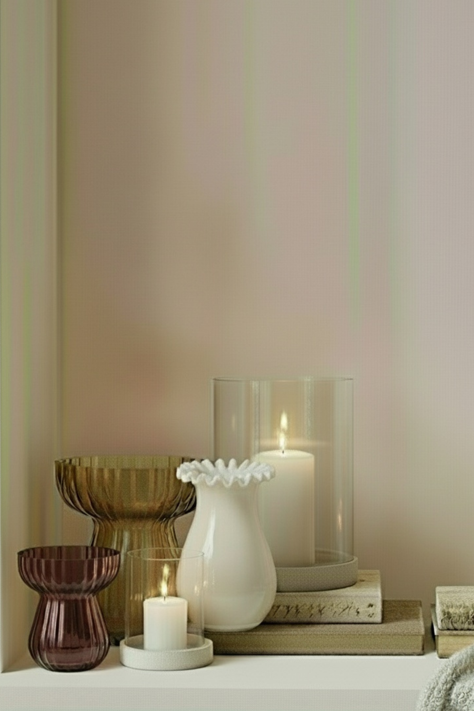 TRULY LIFESTYLE PLUM COLOURED GLASS BULB VASE WITH GLASS HURRICANE AND WHITE SCALLOPED VASE