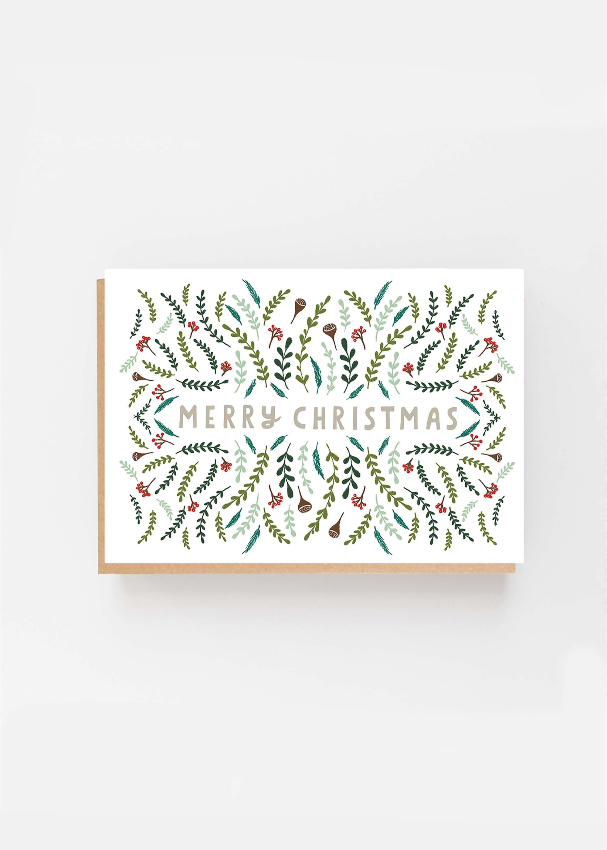TRULY LIFESTYLE WHITE MERRY CHRISTMAS CARD WITH GREEN LEAVES AND FLOWERS