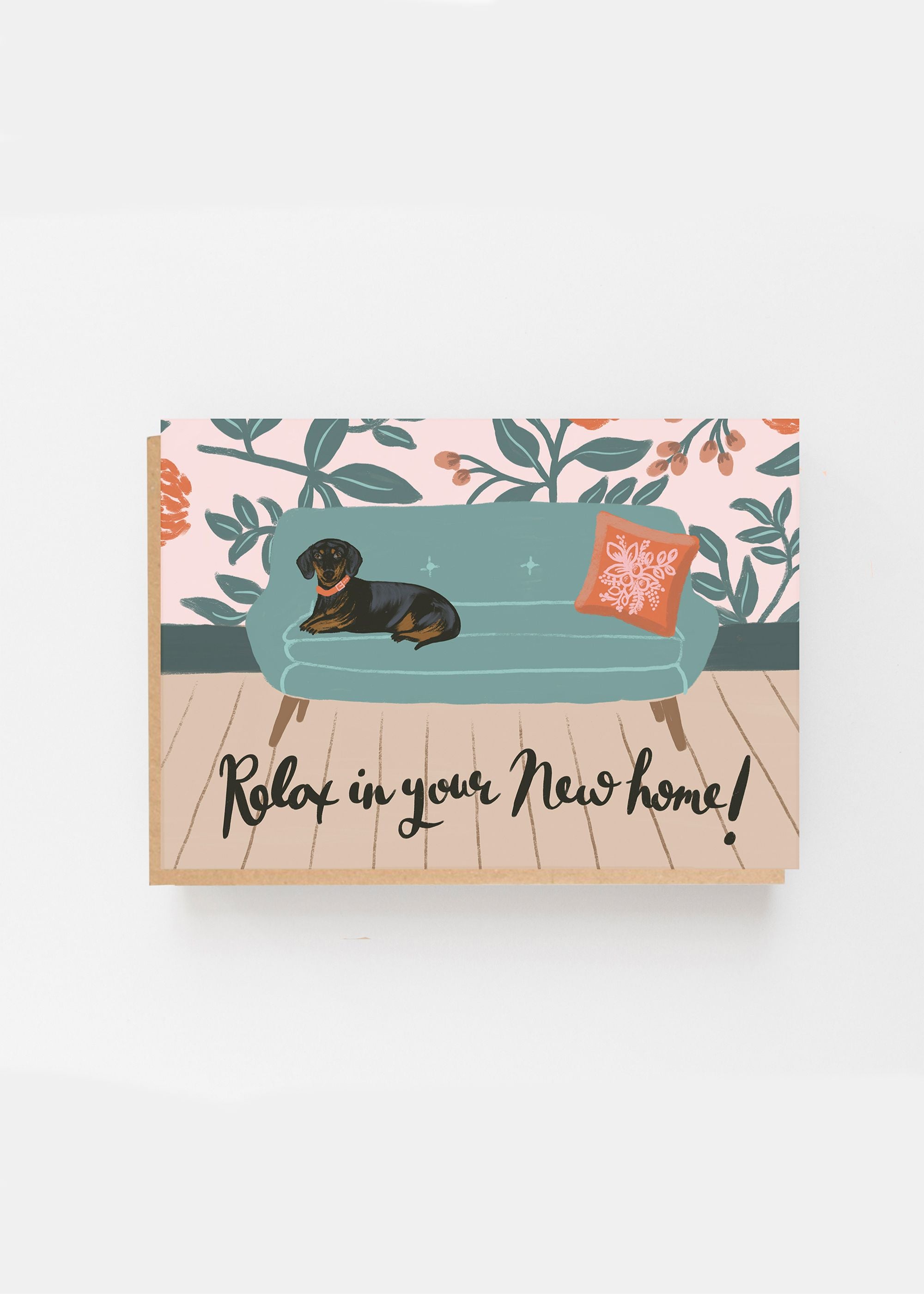 TRULY LIFESTYLE NEW HOME CARD WITH SAUSAGE DOG ON SOFA