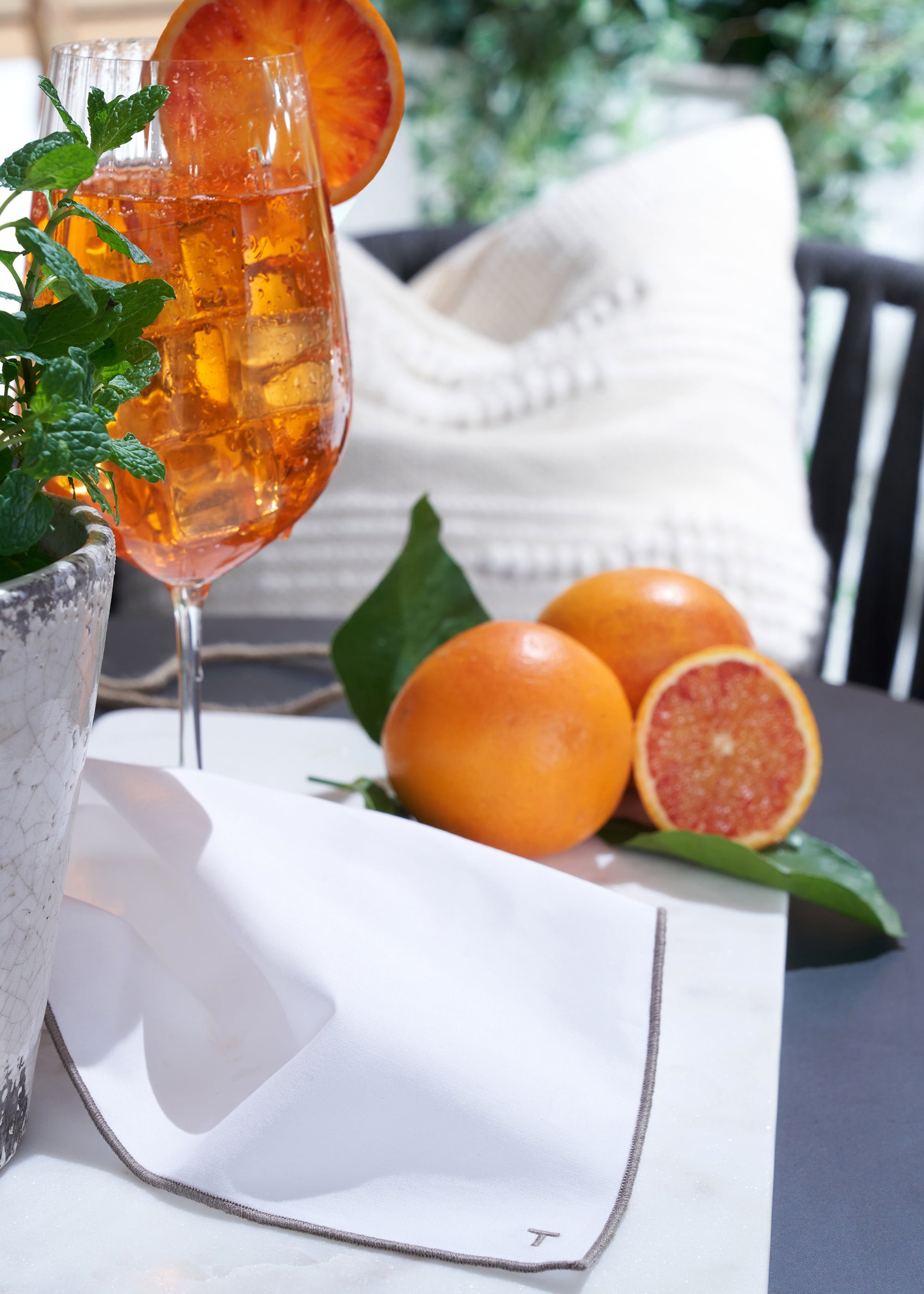 TRULY LIFESTYLE EMBROIDERED EGDE WHITE NAPKIN WITH APEROL SPRITZ