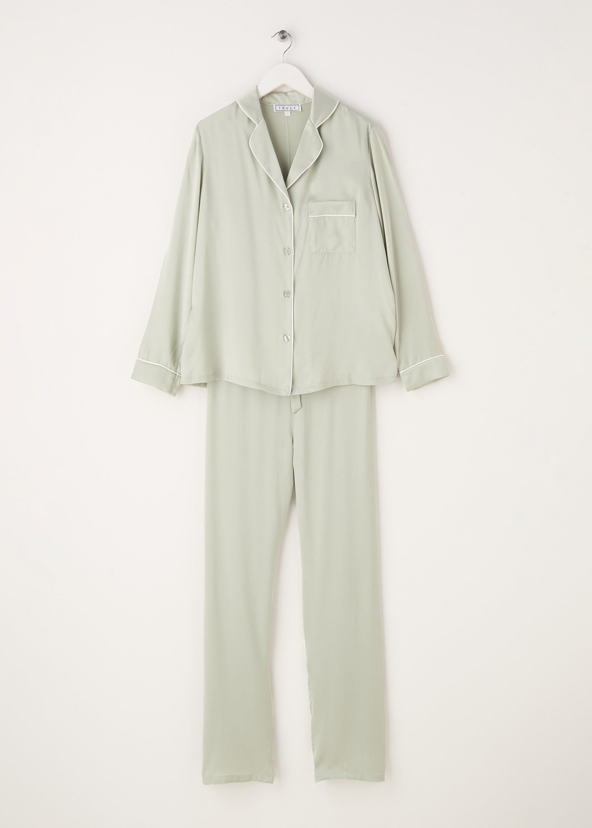 TRULY LIFESTYLE SAGE GREEN SILK PYJAMA SET ON A HANGER