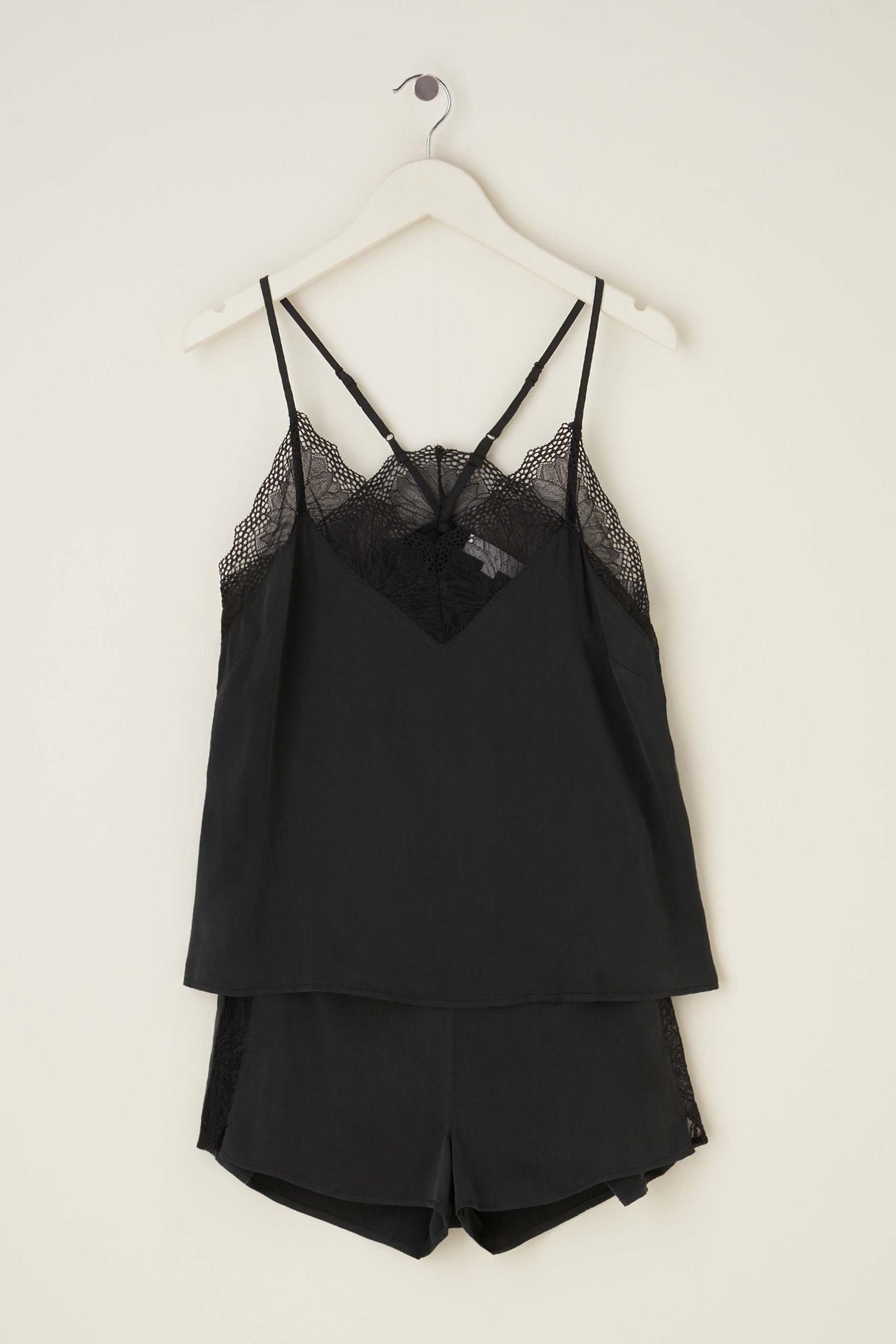 Womens Black Isabel Silk And Lace Camisole And Short Set On Hanger | Truly Lifestyle