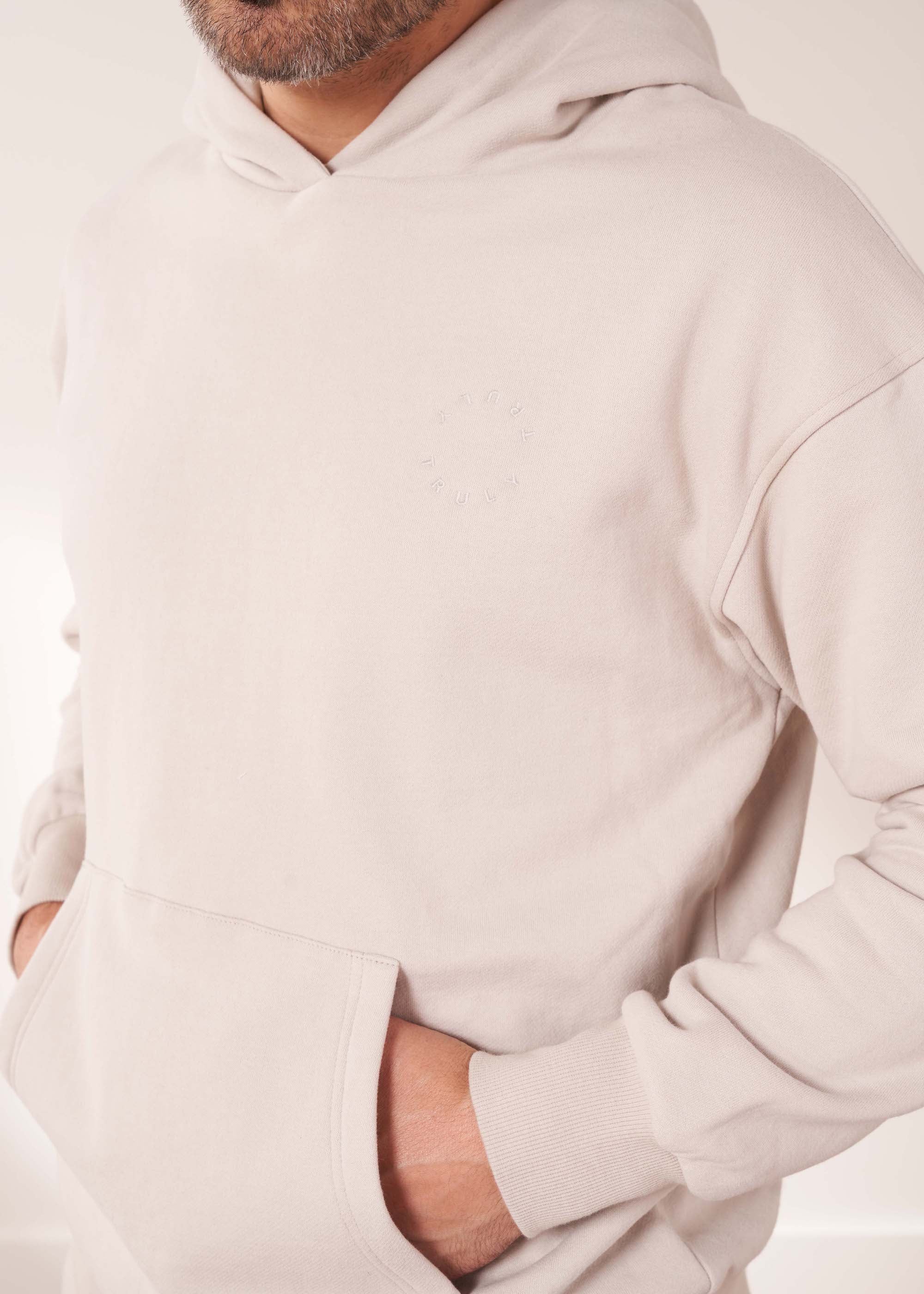 Mens Chiltern Greige Hoodie On Model Close Up | Truly Lifestyle