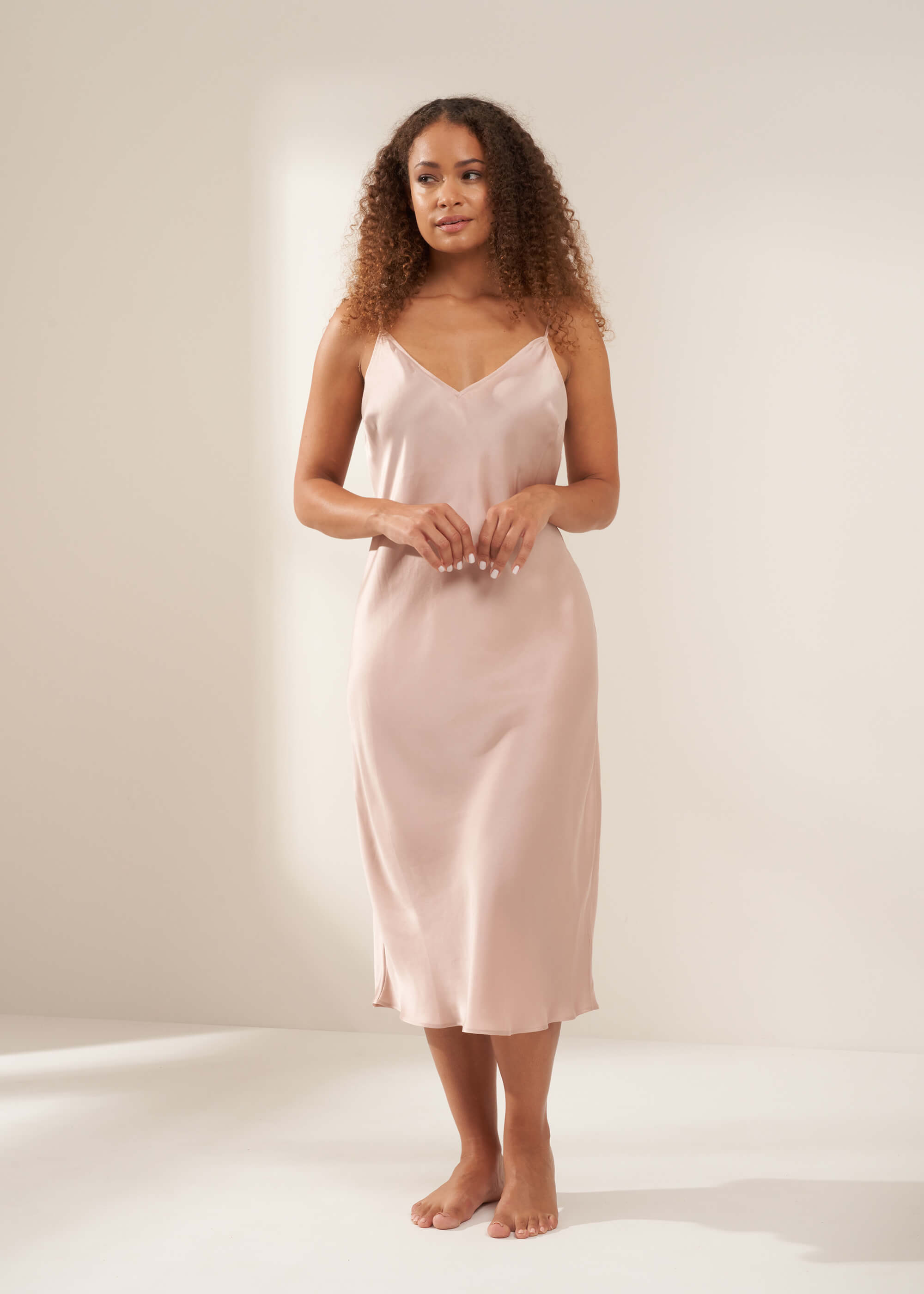 TRULY LIFESTYLE BLUSH PINK SILK CAMISOLE DRESS ON MODEL