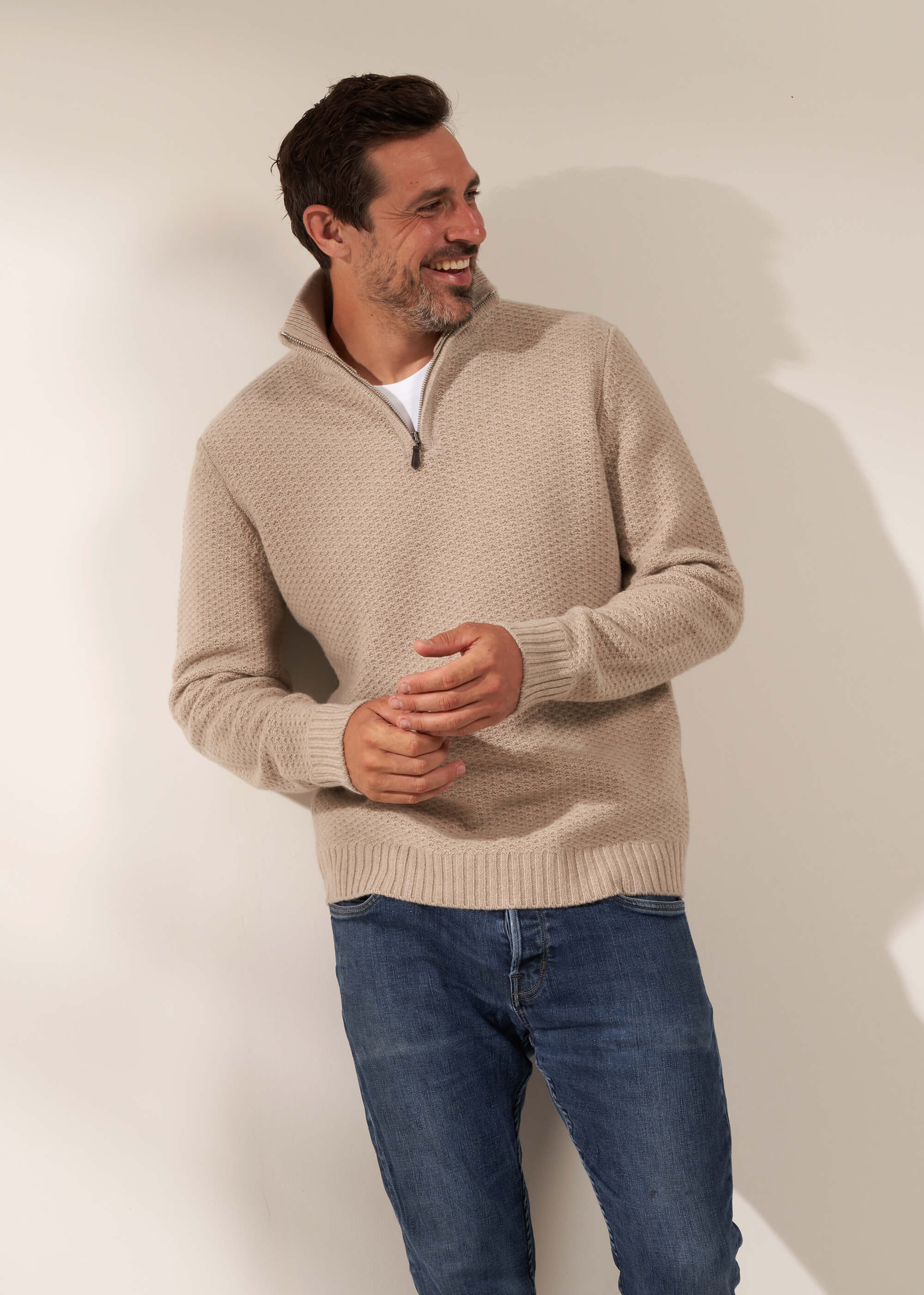 TRULY LIFESTYLE MENS 3/4 ZIP JUMPER IN OATMEAL ON MODEL WITH JEANS