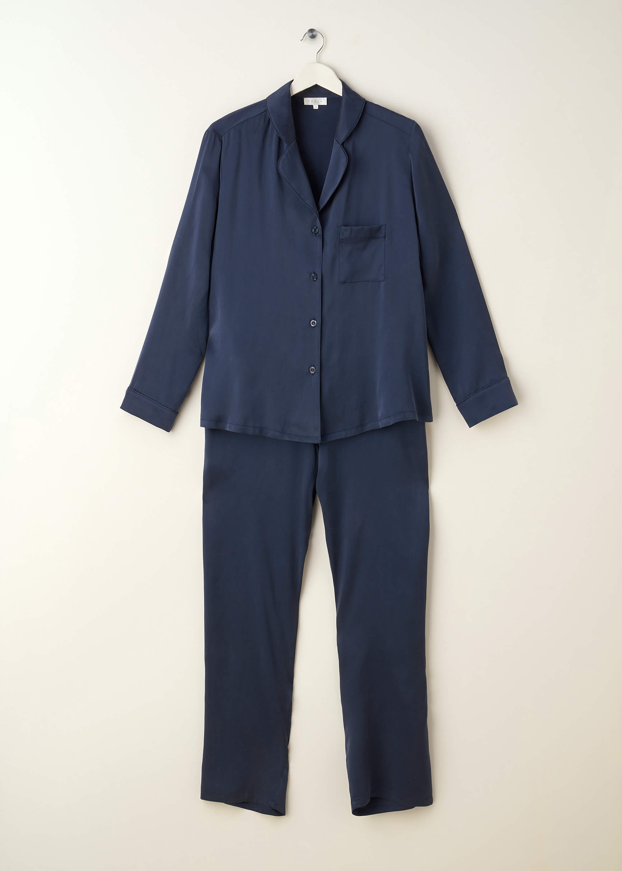 TRULY LIFESTYLE MIDNIGHT BLUE SILK PYJAMA SET ON A HANGER