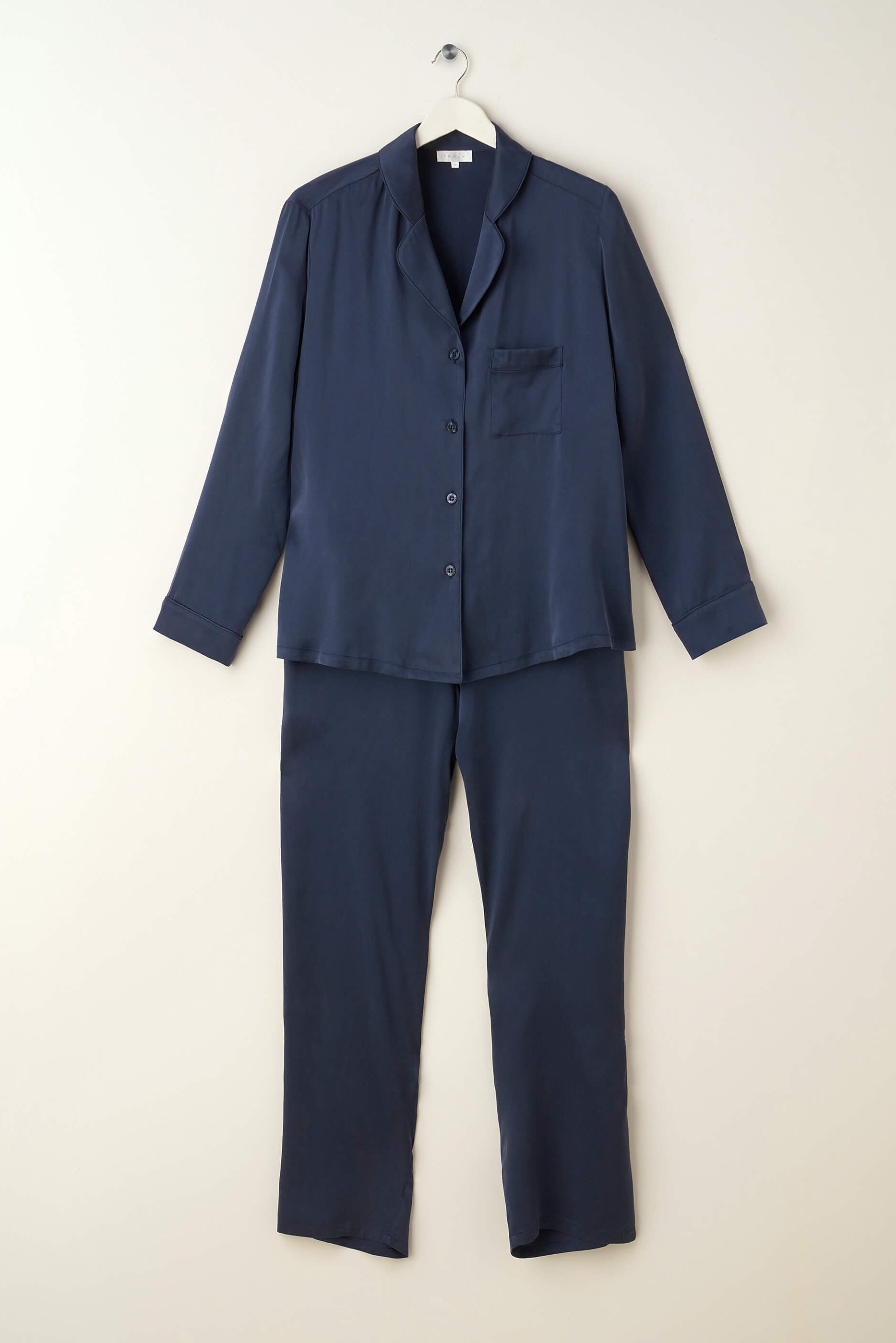 TRULY LIFESTYLE MIDNIGHT BLUE SILK PYJAMA SET ON A HANGER