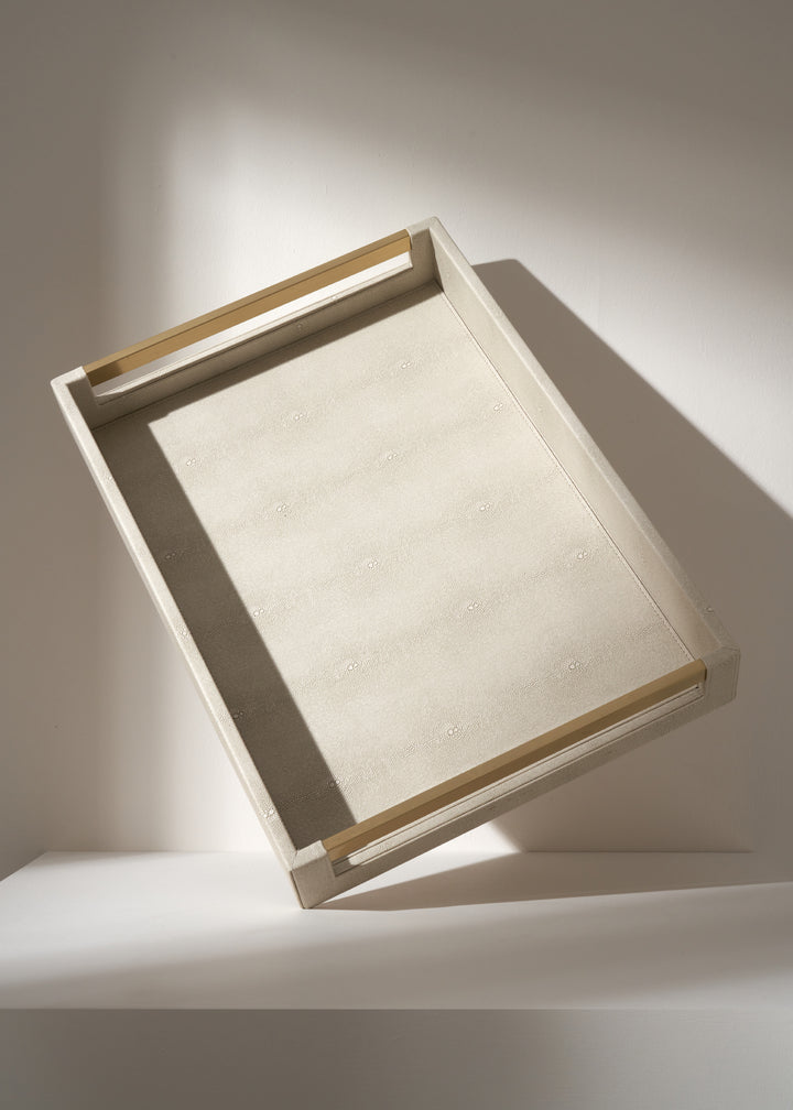 Truly Lifestyle Ivory Shagreen Tray With Brushed Metal Handles