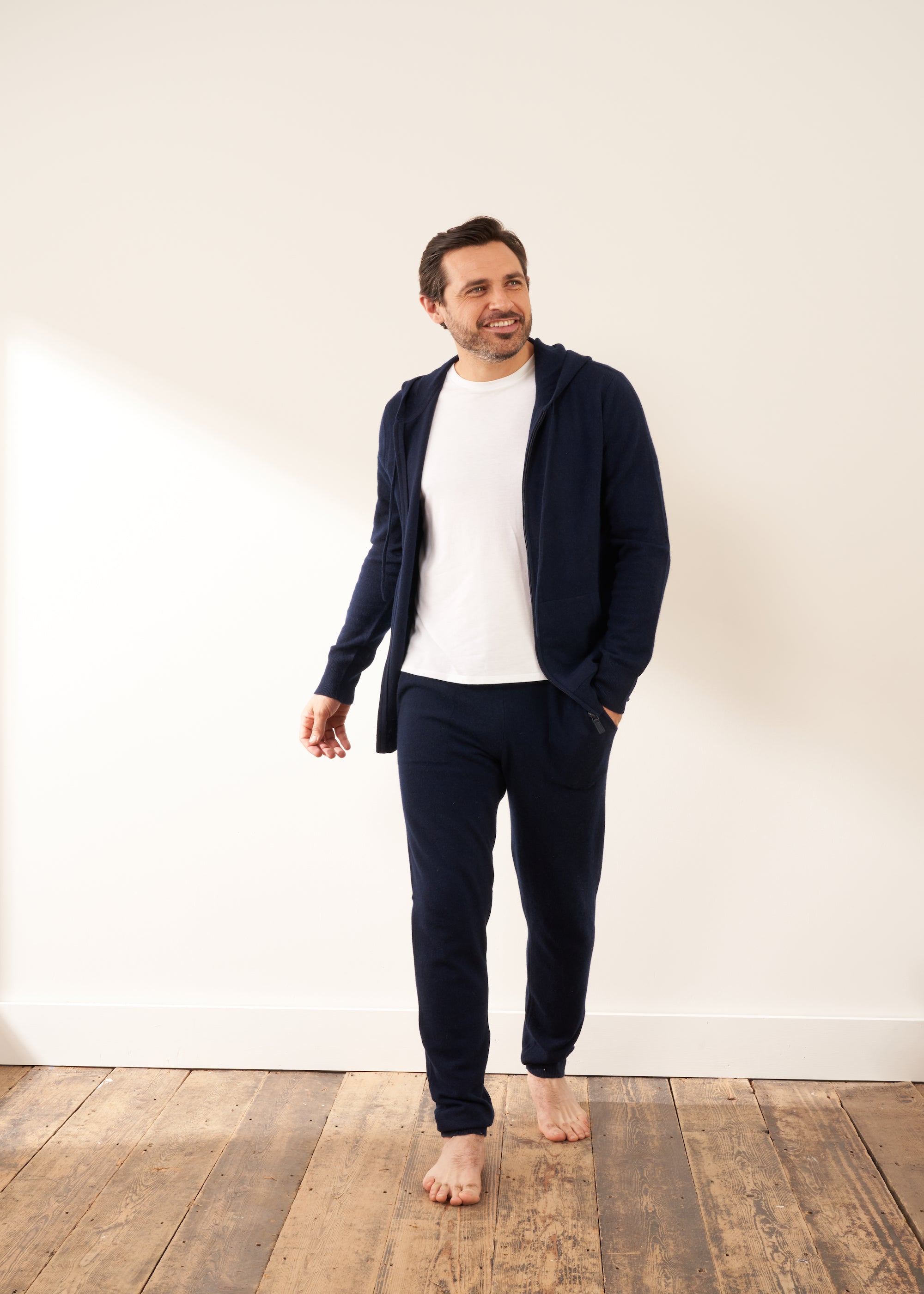 Mens Navy Blue Cashmere Loungewear, Cashmere Joggers and Hoodie on Model | Truly Lifestyle