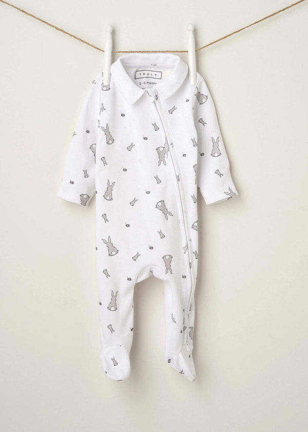WHITE BUNNY PRINT BABY GROW HANGING UP | TRULY LIFESTYLE
