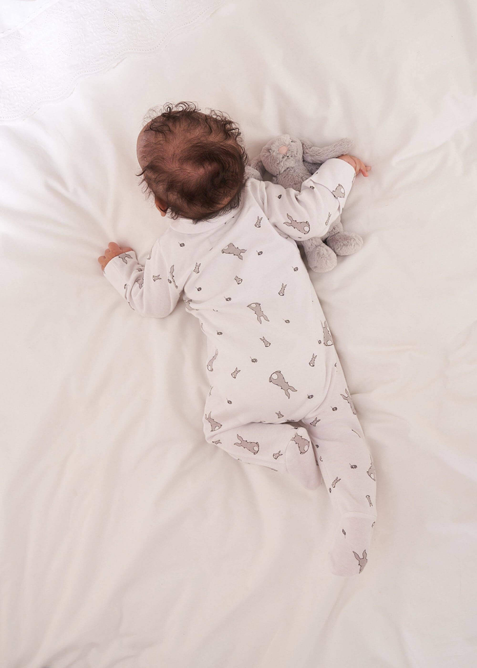 WHITE BUNNY PRINT BABY GROW ON BABY WITH TEDDY | TRULY LIFESTYLE