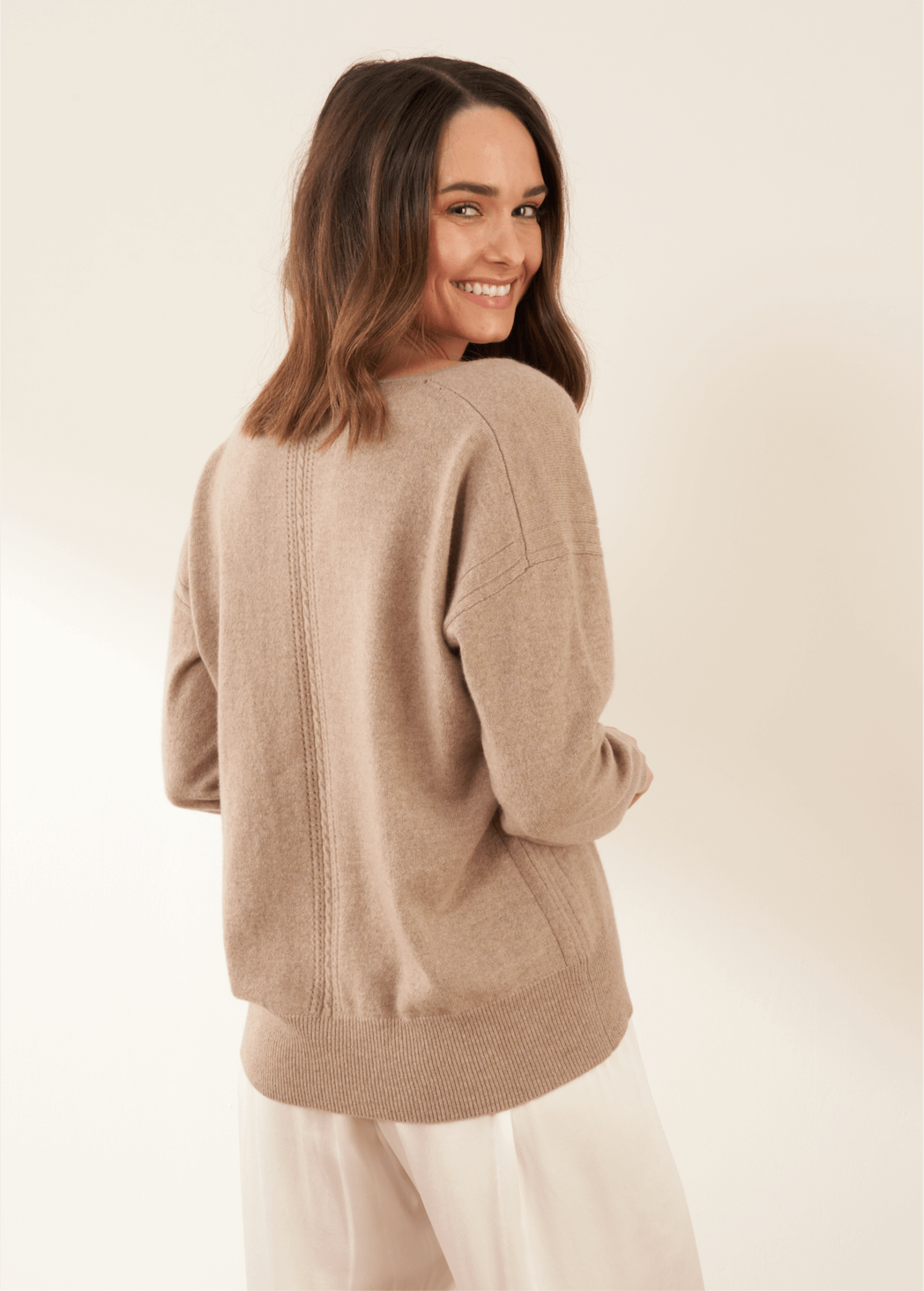 Womens Beige Nutmeg Cashmere Jumper On Model From The Back| Truly Lifestyle