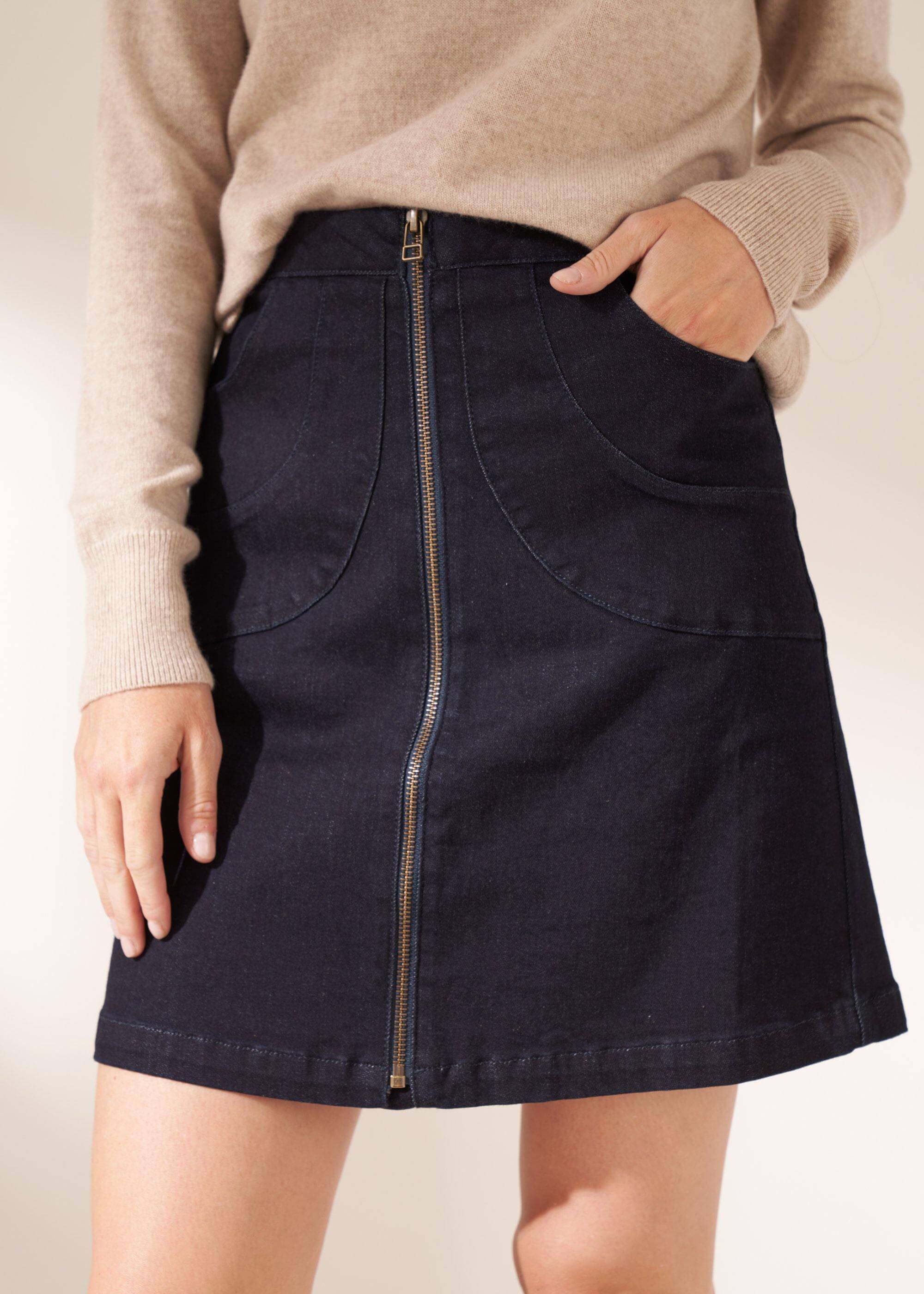 Womens Denim Mini Skirt With Zip On Model In Oatmeal Cashmere Jumper| Truly Lifestyle