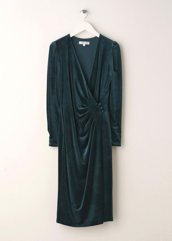 Womens Velvet Petrol Green Wrap Dress On Hanger | Truly Lifestyle
