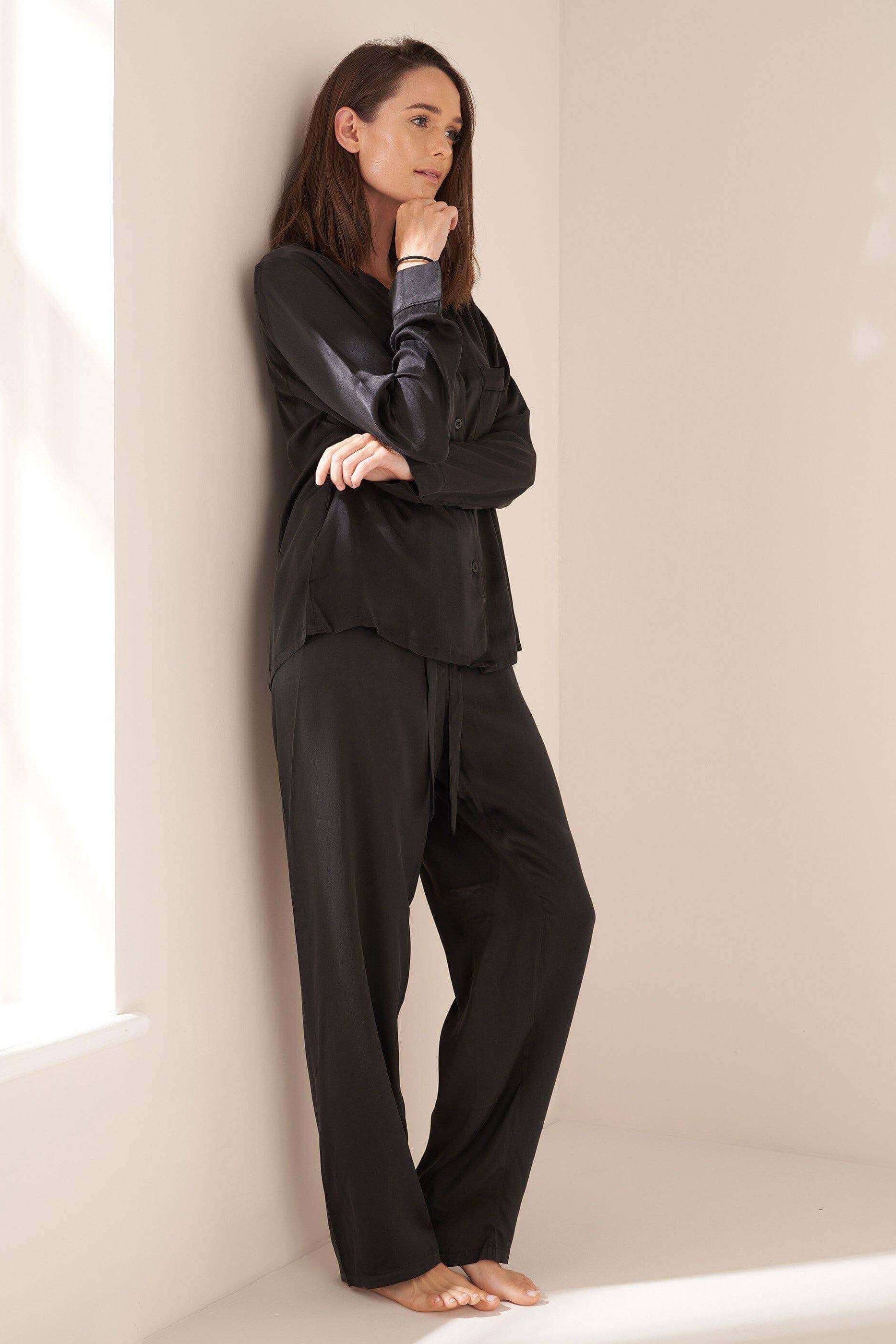 Ladies Black Silk Pyjama Set On Model | Truly Lifestyle