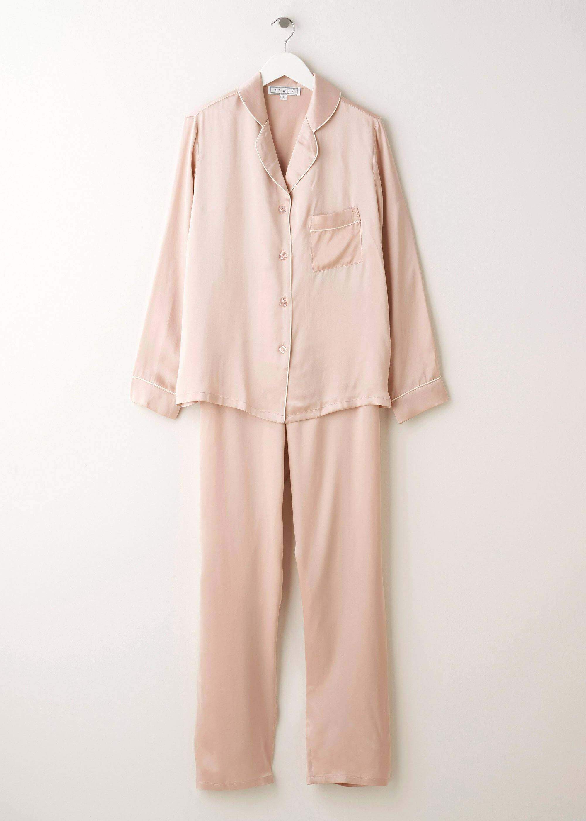 Womens Blush Pink Silk Pyjamas With White Piping On Hanger | Truly Lifestyle