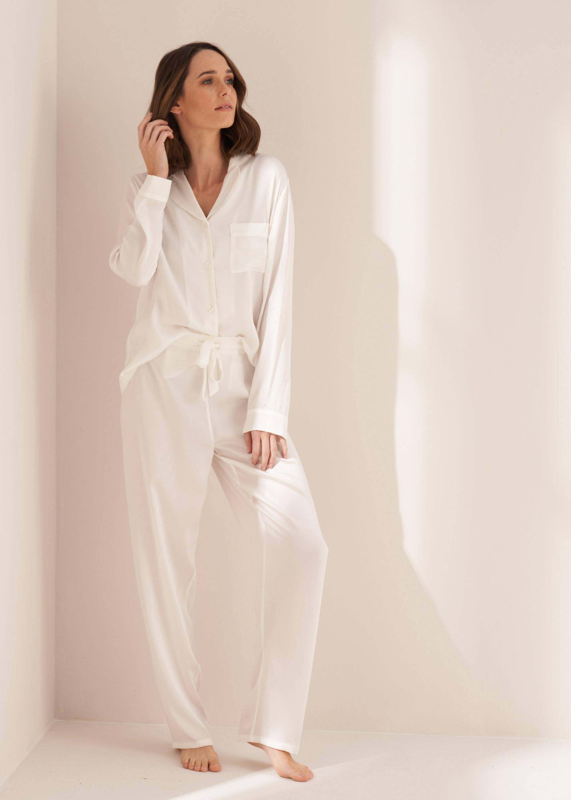 Ladies White Silk Pyjama Set On Model | Truly Lifestyle