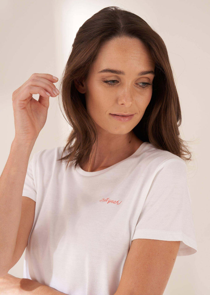 Womens White Round Neck Tshirt With Slogan On Model | Truly Lifestyle