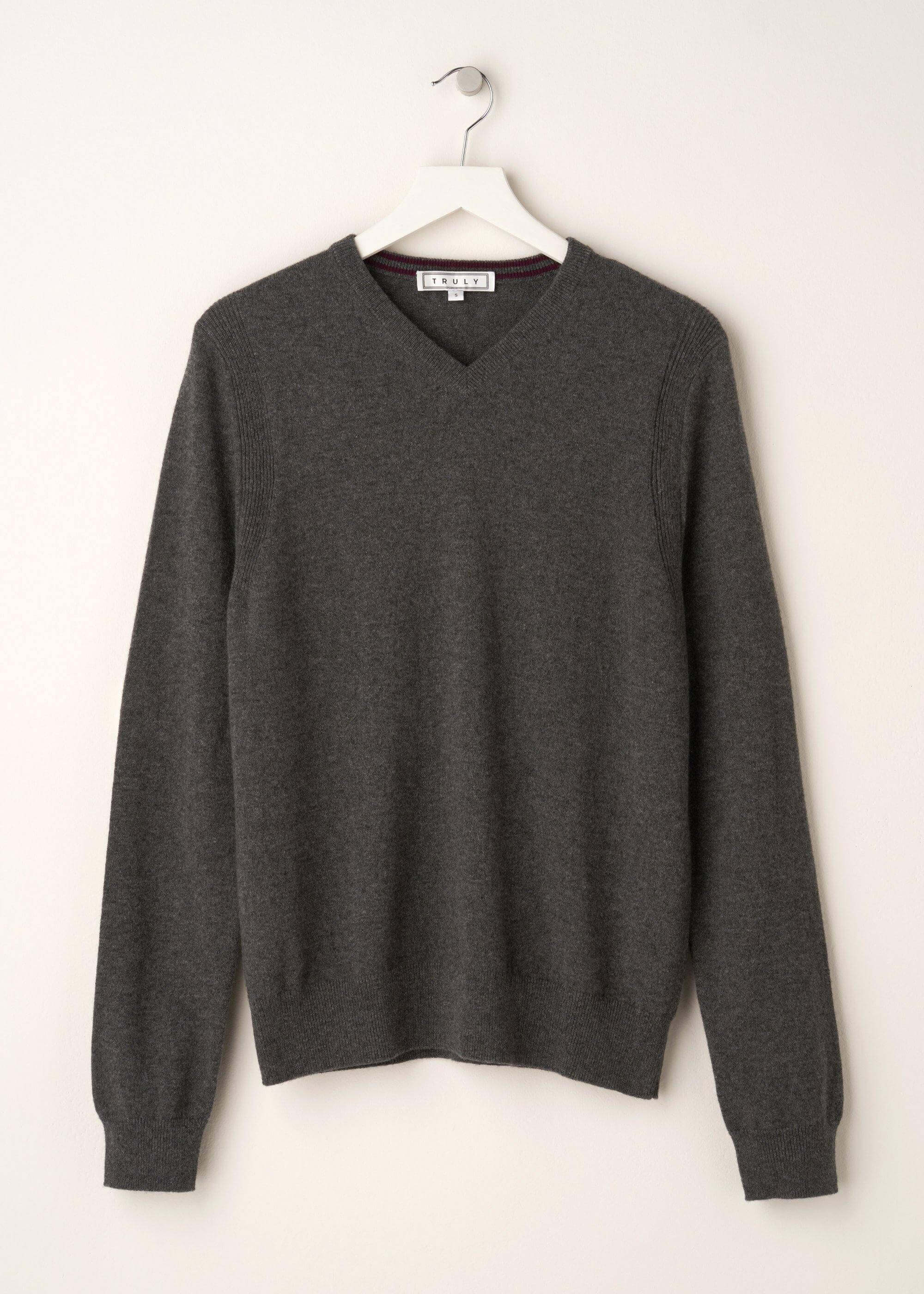 Grey V Neck Mens Cashmere Jumper On Hanger | Truly Lifestyle