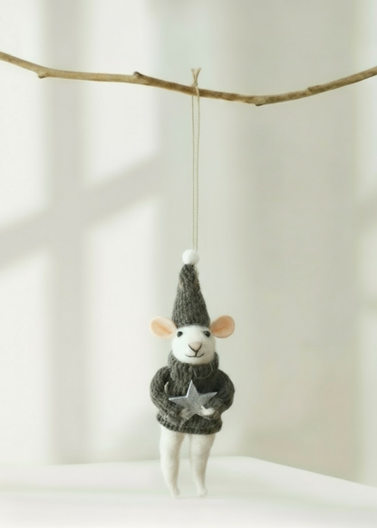 TRuly Lifestyle White Mouse in grey jumper with grey knitted hat christmas decoration