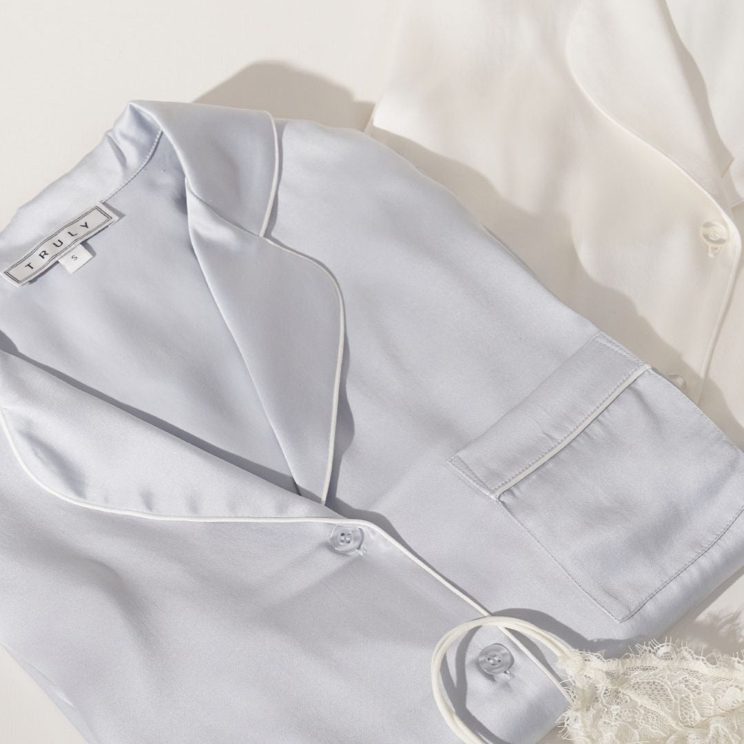 Truly Lifestyle Luxury Silk Pyjamas In Light Blue and Ivory