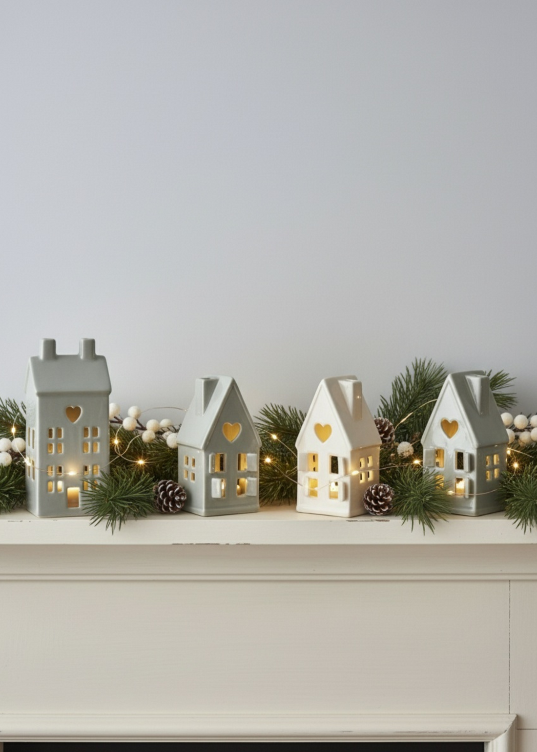 Truly Lifestyle Decorative house-shaped lanterns with lights on a mantelpiece against a plain wall.
