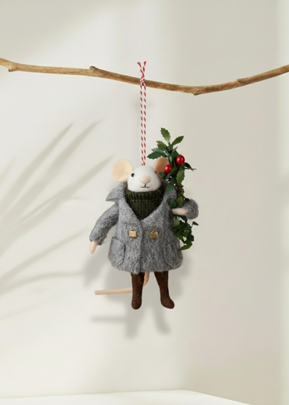 Truly Lifestyle White Christmas Mouse Decoration with Holly 
