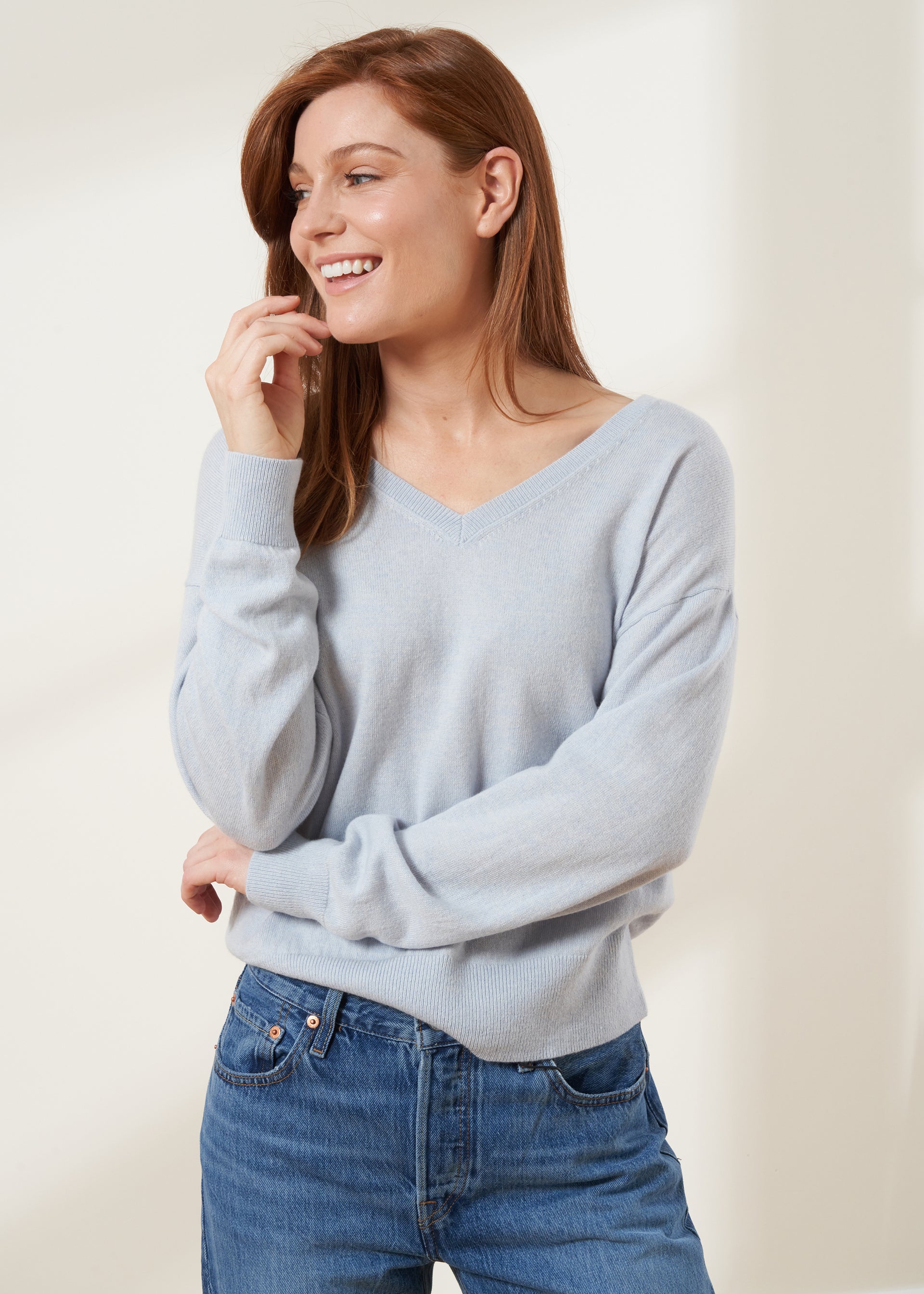 Merino Cashmere Wool Blue V Neck Jumper
