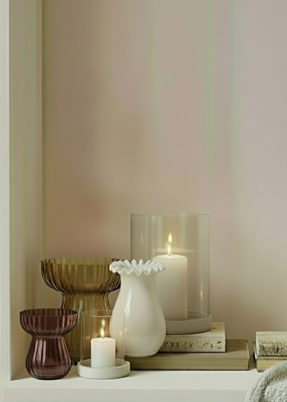 TRULY LIFESTYLE PLUM COLOURED GLASS BULB VASE WITH GLASS HURRICANE AND WHITE SCALLOPED VASE