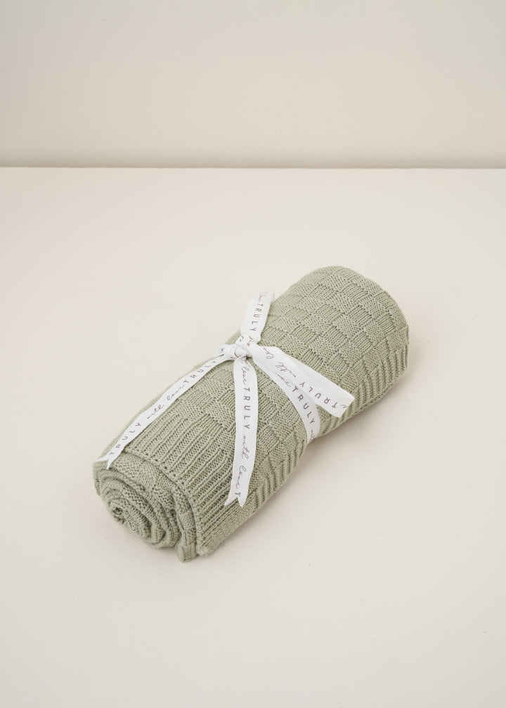 Rolled Basket Stitch Knitted Baby Blanket in Sage Green 