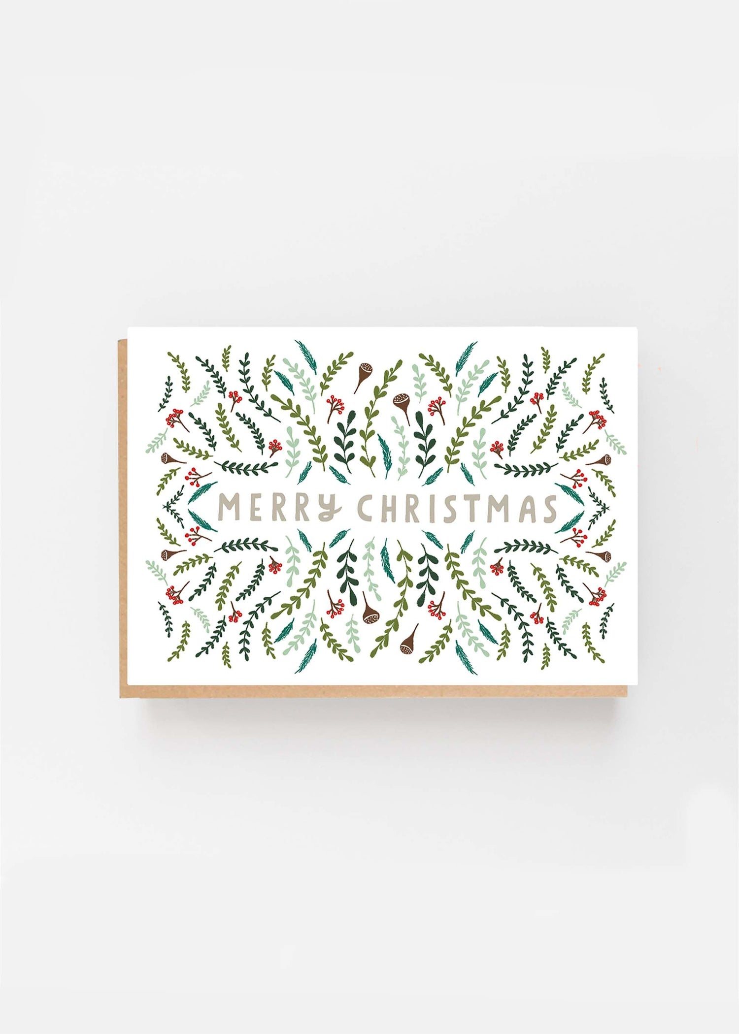 TRULY LIFESTYLE WHITE MERRY CHRISTMAS CARD WITH GREEN LEAVES AND FLOWERS