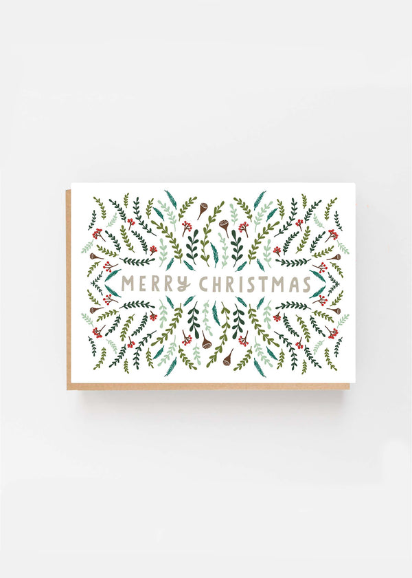 TRULY LIFESTYLE WHITE MERRY CHRISTMAS CARD WITH GREEN LEAVES AND FLOWERS