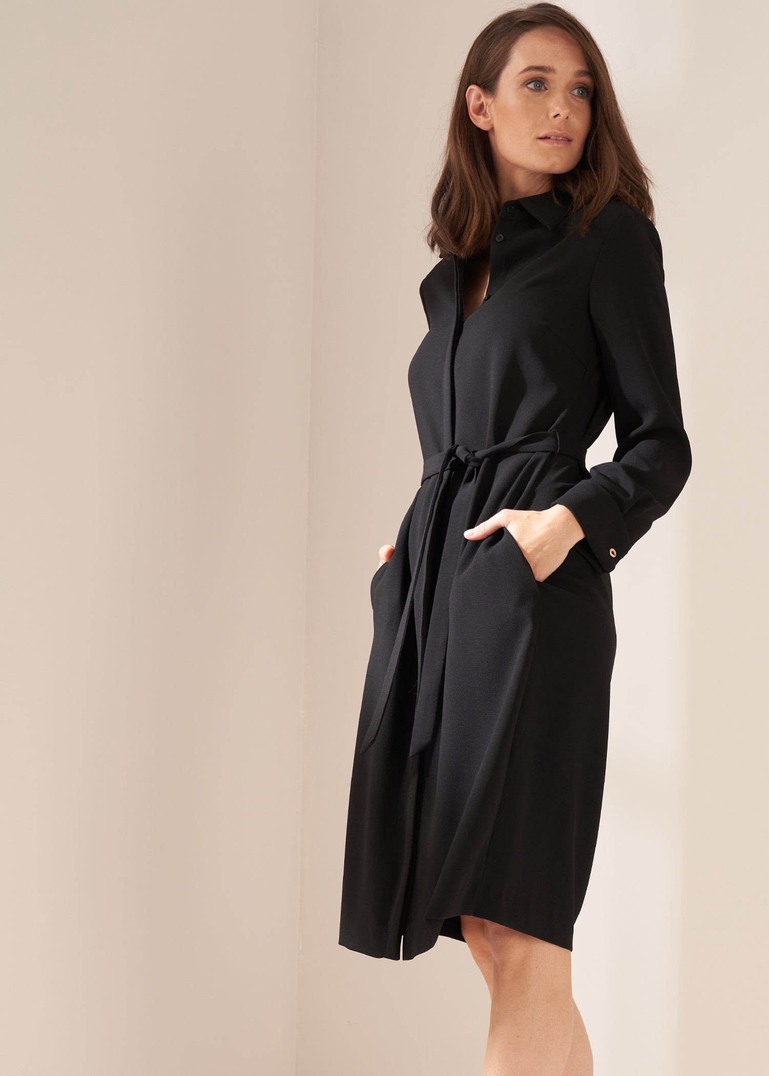 Brunette Woman in Black Crepe shirt dress