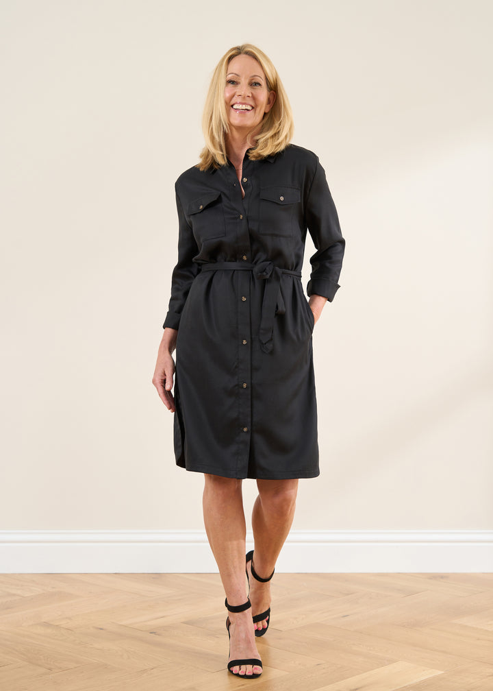 Black Shirt Dress with pockets over breast and in side seams 
