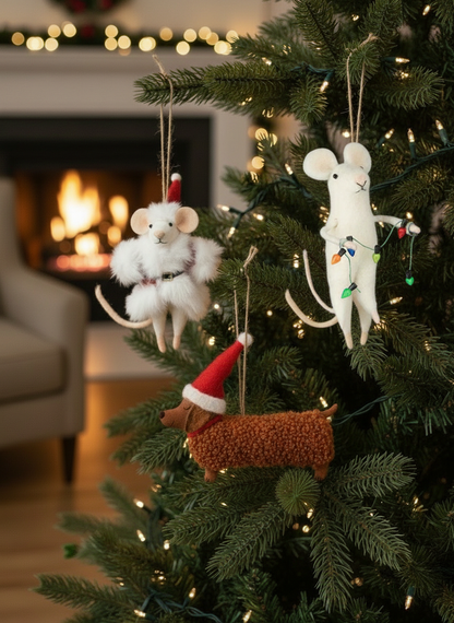 Truly Lifestyle Decorative mouse ornaments on a Christmas tree with a fireplace in the background