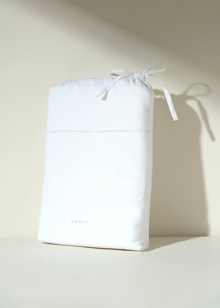 TRULY LIFESTYLE WHITE LADDER LINEN DUVET COVER IN PACKAGING