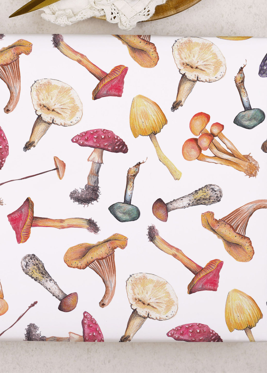 TRULY LIFESTYLE MUSHROOM PRINT WRAPPING PAPER on table