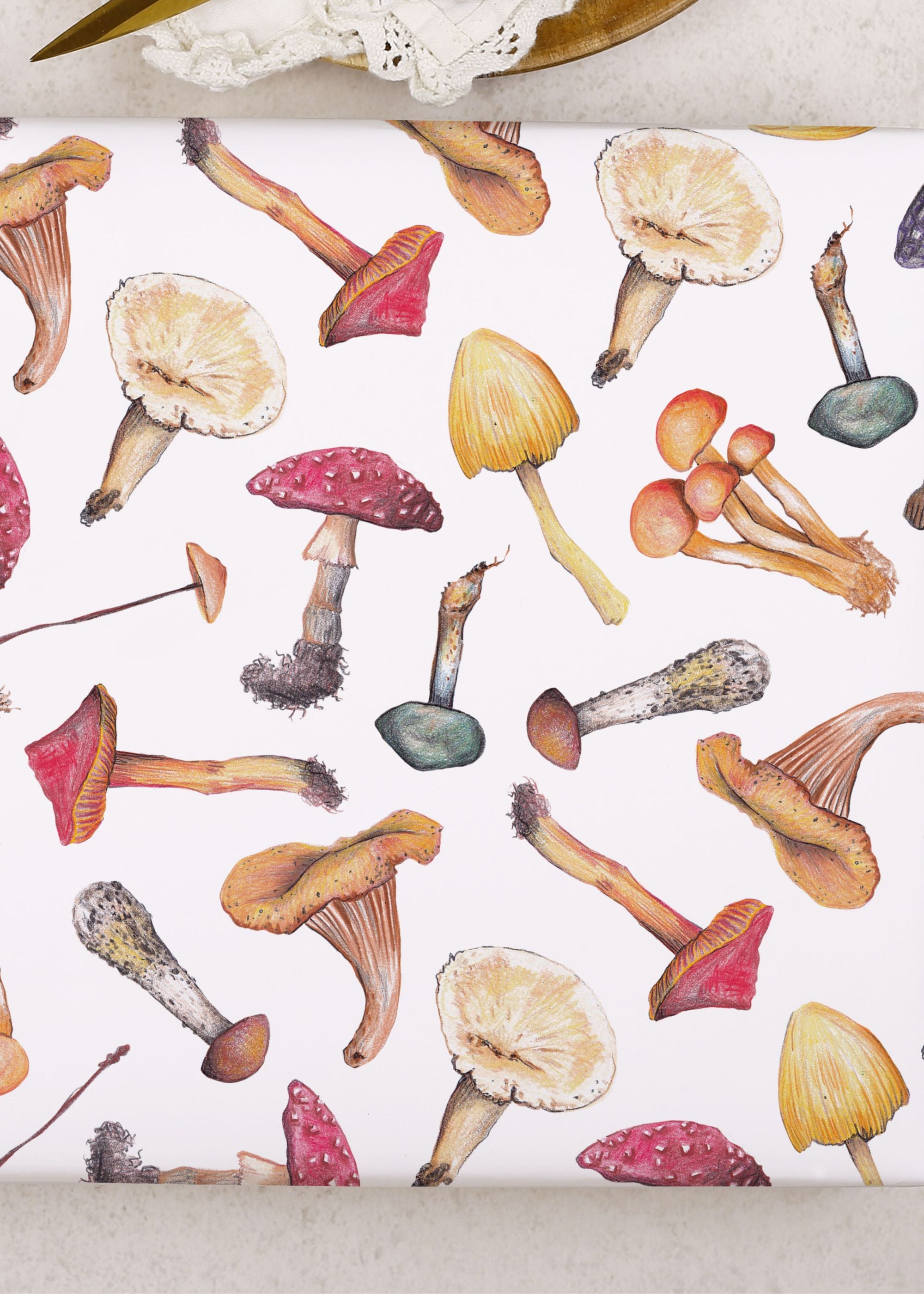 TRULY LIFESTYLE MUSHROOM PRINT WRAPPING PAPER on table