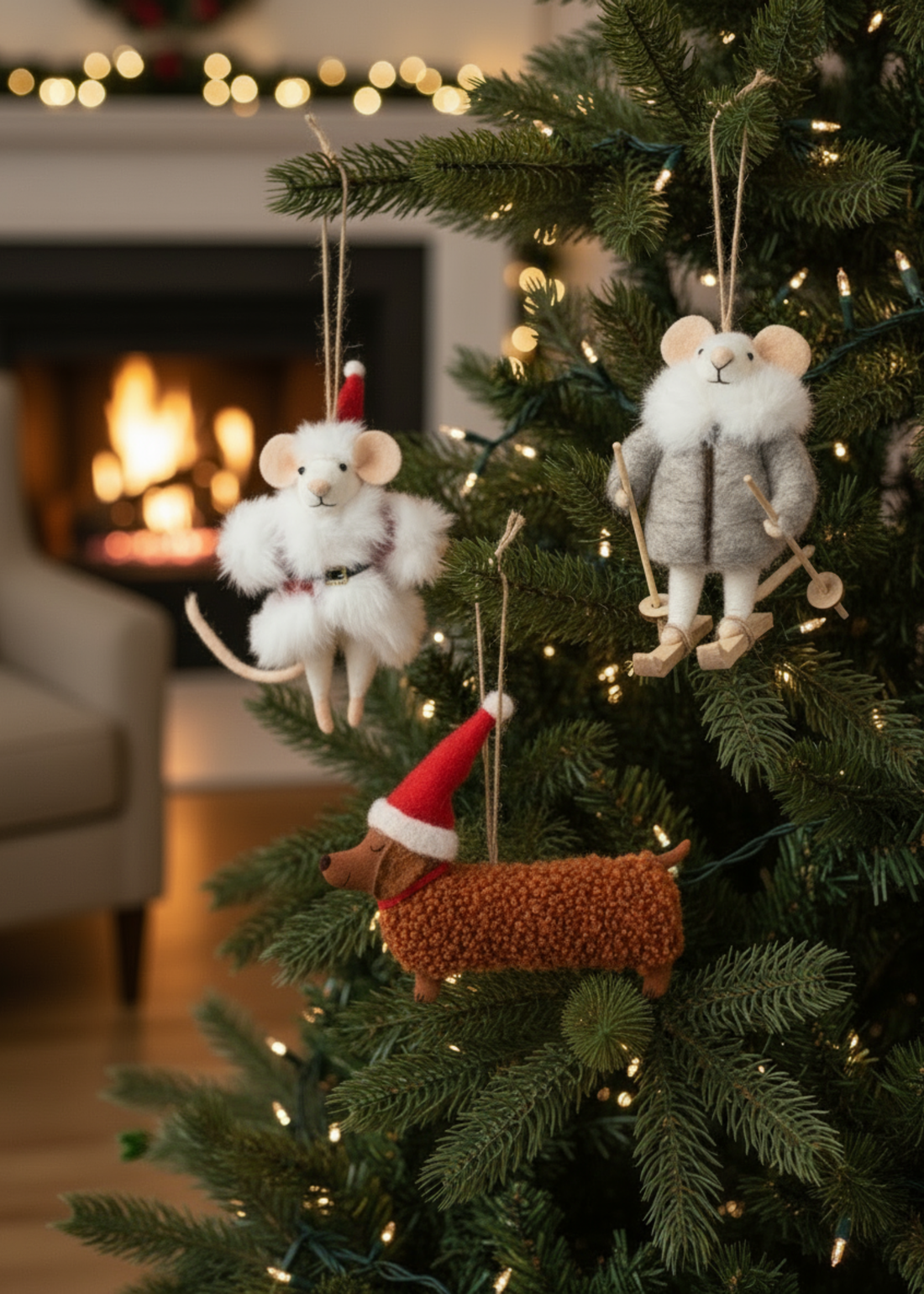Truly Lifestyle Decorative Christmas tree with plush mouse ornaments and a lit fireplace in the background