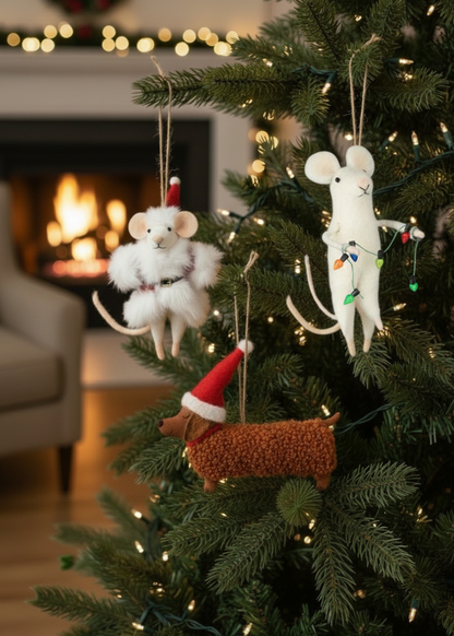 Decorative mouse ornaments on a Christmas tree with a fireplace in the background