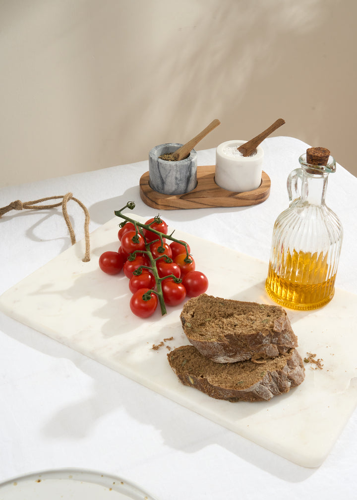 Truly Lifestyle White Marble Serving Board With Bread and Tomatoes
