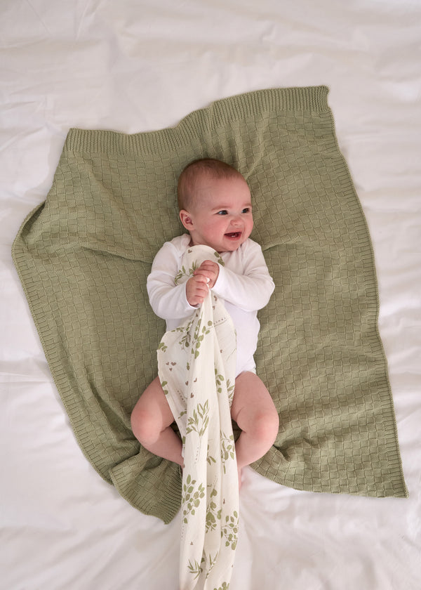 Basket Stitch Knitted Baby Blanket in Sage Green colour