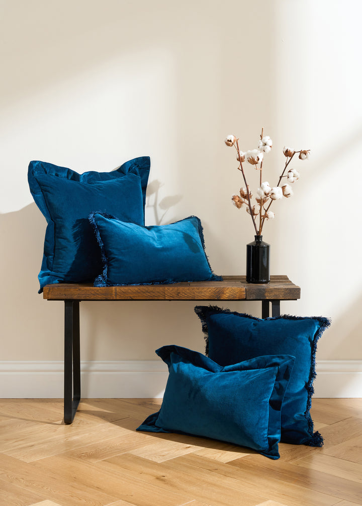 Truly Lifestyle Royal Blue Velvet Cushions With Fringe Detailing On Bench