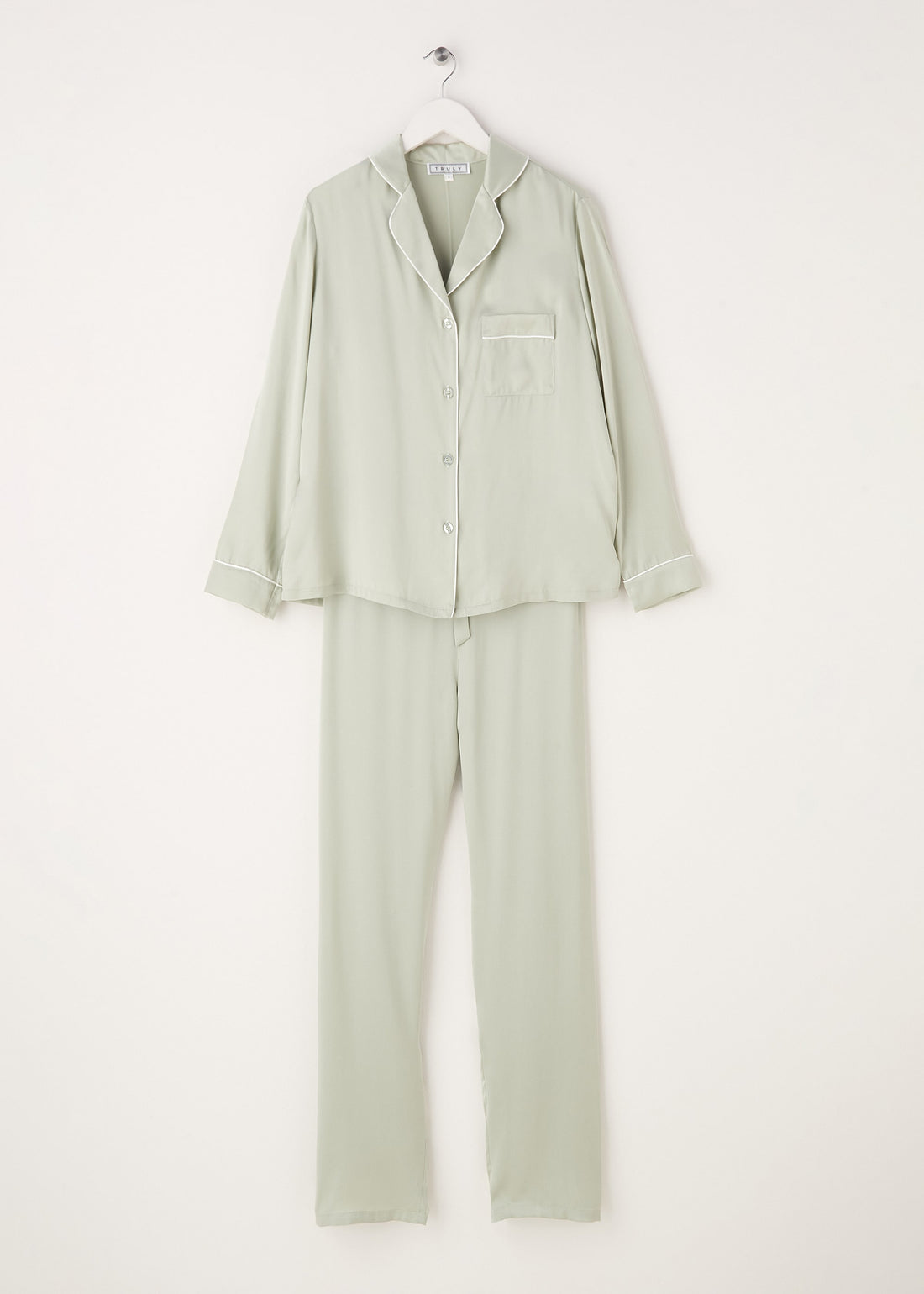 TRULY LIFESTYLE SAGE GREEN SILK PYJAMA SET ON A HANGER