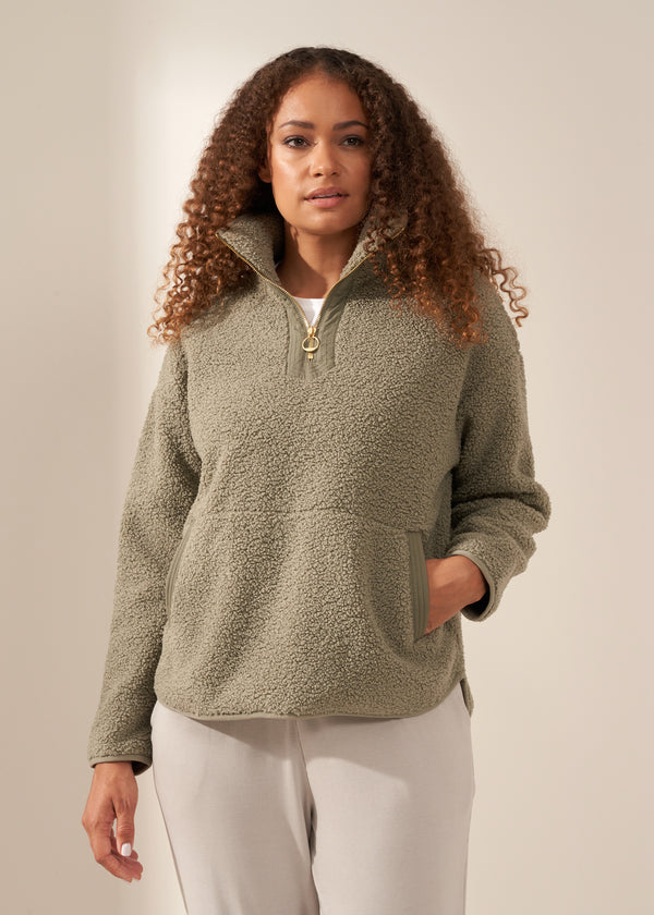 TRULY LIFESTYLE WOMENS KHAKI SLATE GREEN BOUCLE QUARTER  ZIP JUMPER ON MODEL WITH RIBBED HAREEM JOGGERS