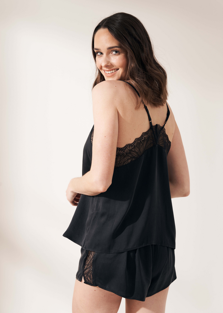 Womens Black Isabel Silk And Lace Camisole And Short Set On Model From Back | Truly Lifestyle