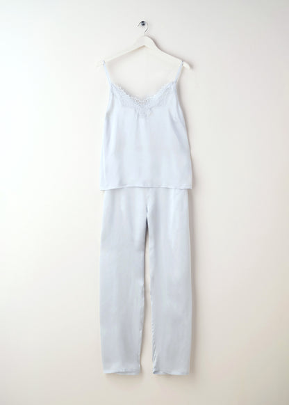 Dusty blue silk camisole and trouser set hanging | Truly Lifestyle