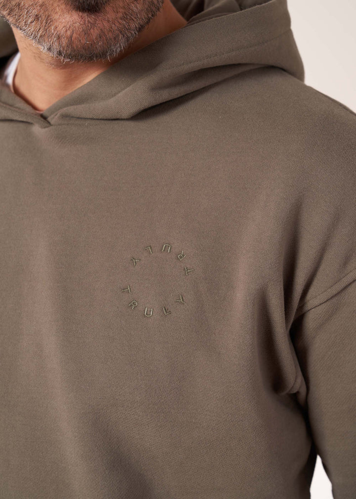 Mens Chiltern Khaki Green Hoodie On Model Close Up | Truly Lifestyle